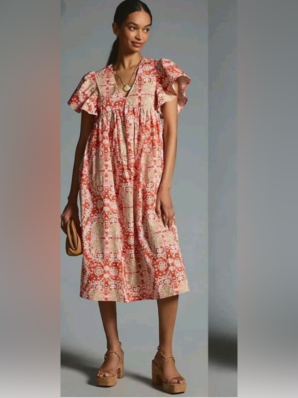 Anthro Maeve Cotton Midi Dress Boho Block Print Flutter Sleeve Cottagecore XS - Picture 2 of 15